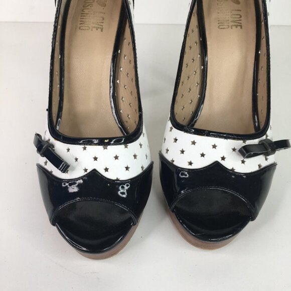 Moschino Black & White Open Toe Stars Heels Size 38  Pin Up Style - Picture 12 of 14